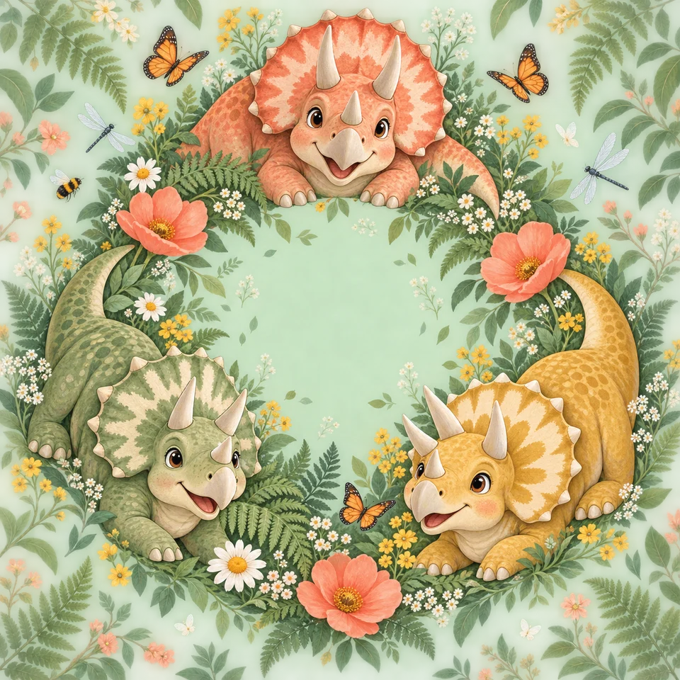 Triceratops families wandering through a flowering meadow.