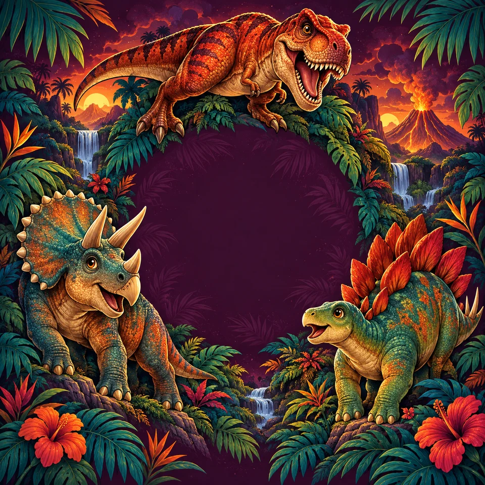 Bold dinosaurs exploring a glowing volcanic landscape.