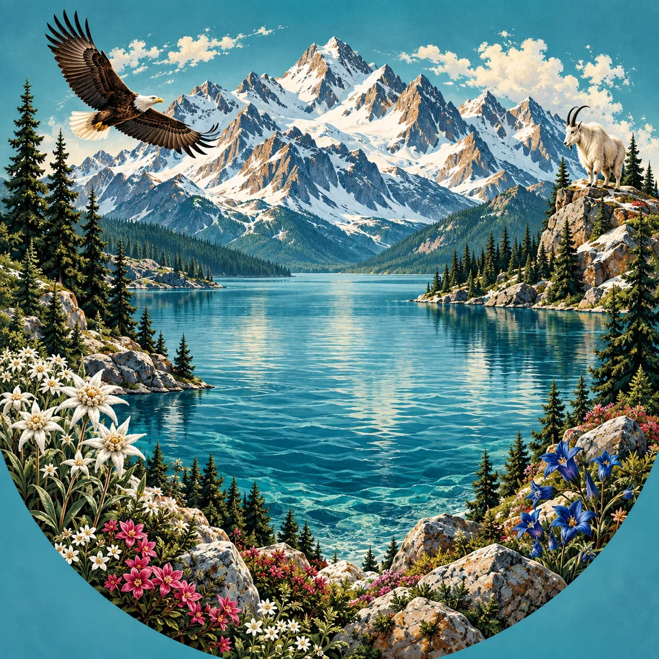 Mountain peaks, pine forests and wildlife in a fresh alpine landscape.