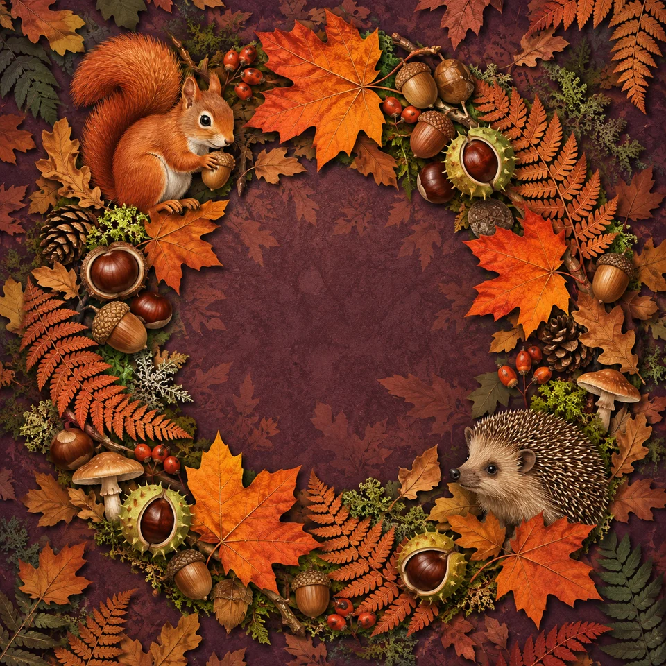 Autumn leaves, woodland creatures and a warm forest glow.