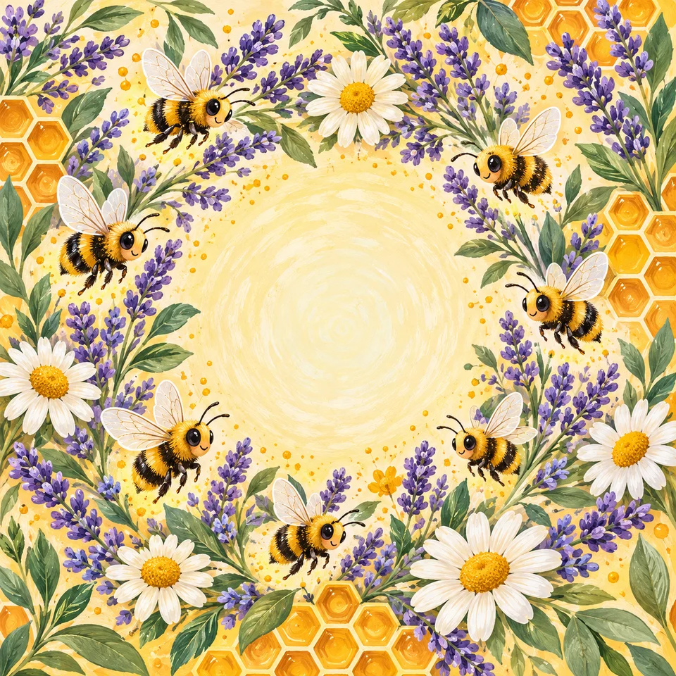 Busy bees among daisies, lavender and honeycomb shapes.