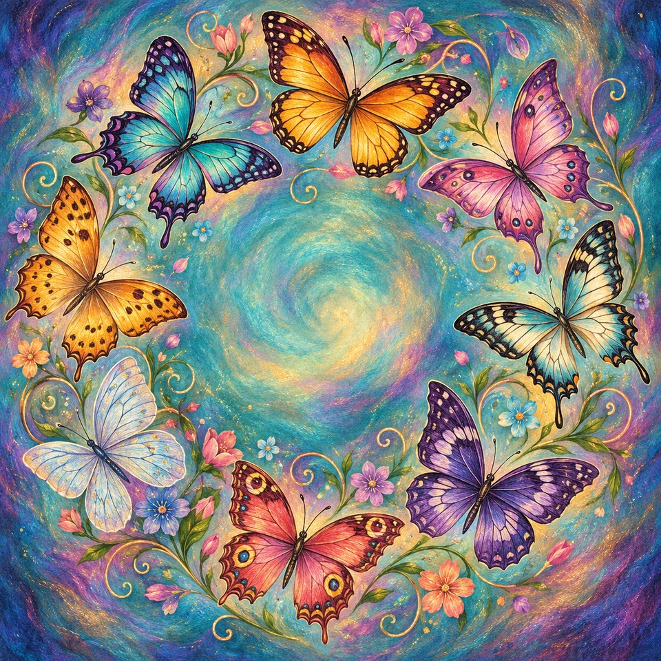 Jewel-coloured butterflies dancing among delicate flowers.
