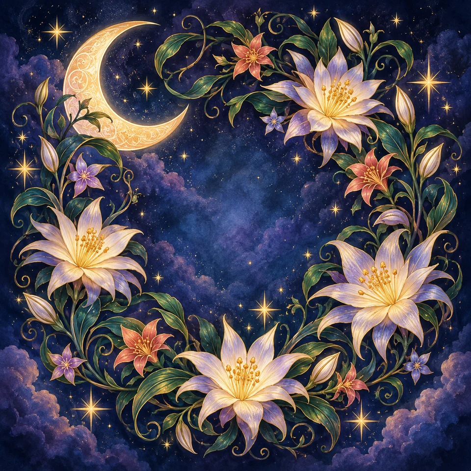 Moonlit flowers and celestial details in a dreamy night garden.