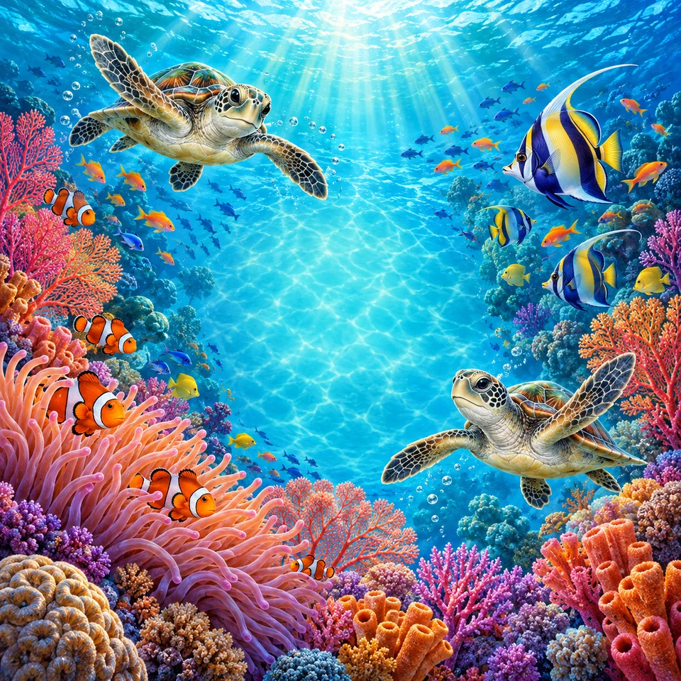 Sea turtles and colourful reef life in a turquoise underwater world.