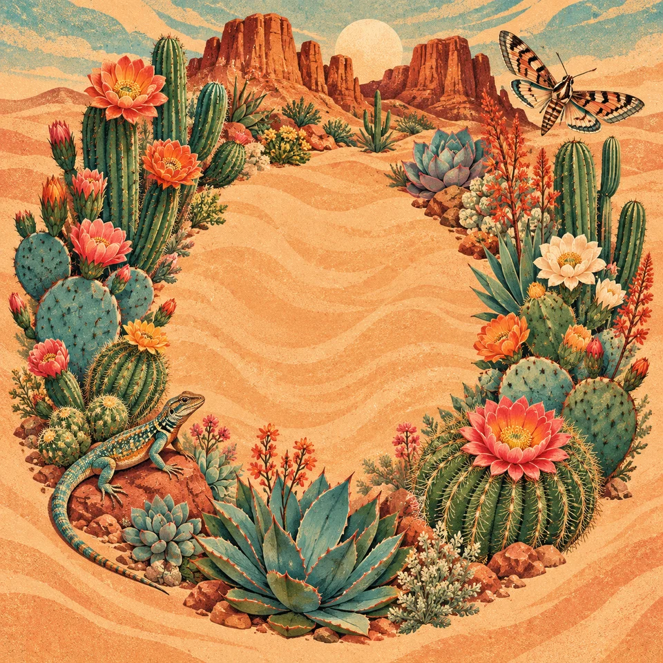 Flowering cacti and desert plants against warm sandy colours.