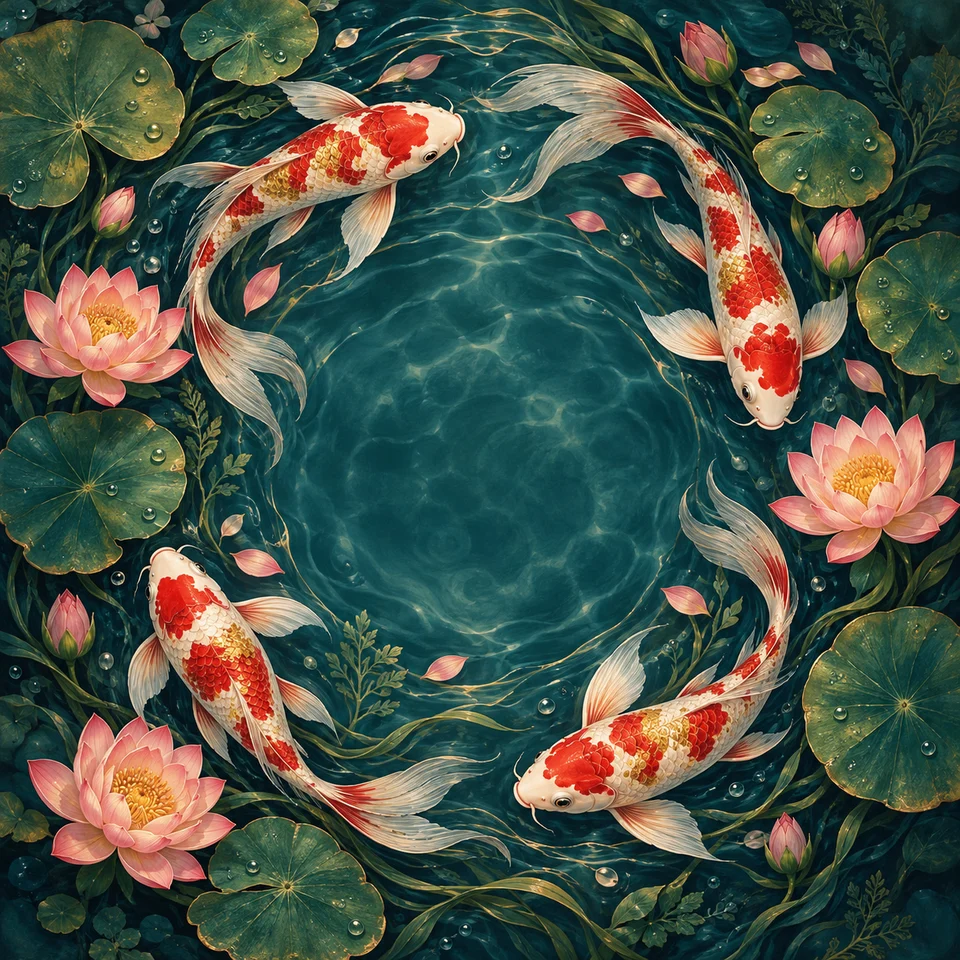 Graceful koi fish and lotus flowers in a peaceful pond.