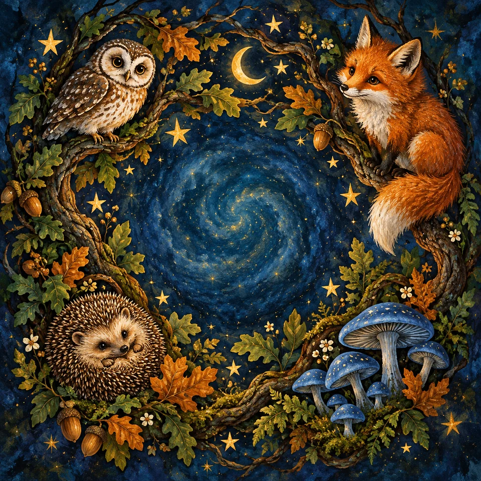 A moonlit woodland of foxes, owls and luminous mushrooms.