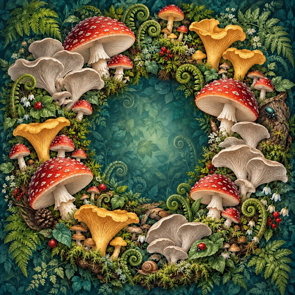 Woodland mushrooms, moss and ferns in a magical miniature forest.