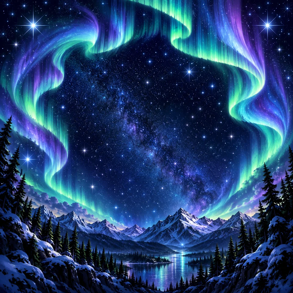 Aurora ribbons glowing above mountains and a quiet pine forest.