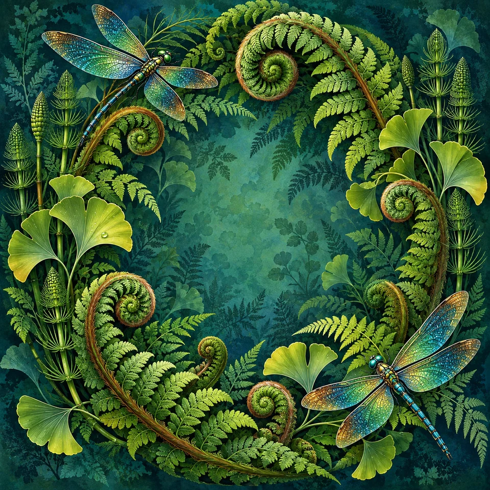 Giant ferns and jewel-coloured dragonflies in a lush green world.