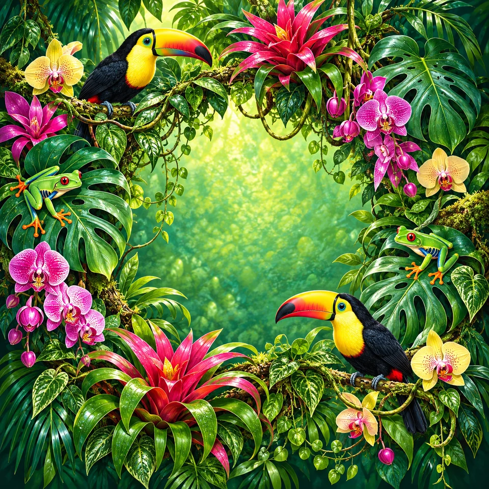 Toucans, frogs and tropical foliage deep in the rainforest.