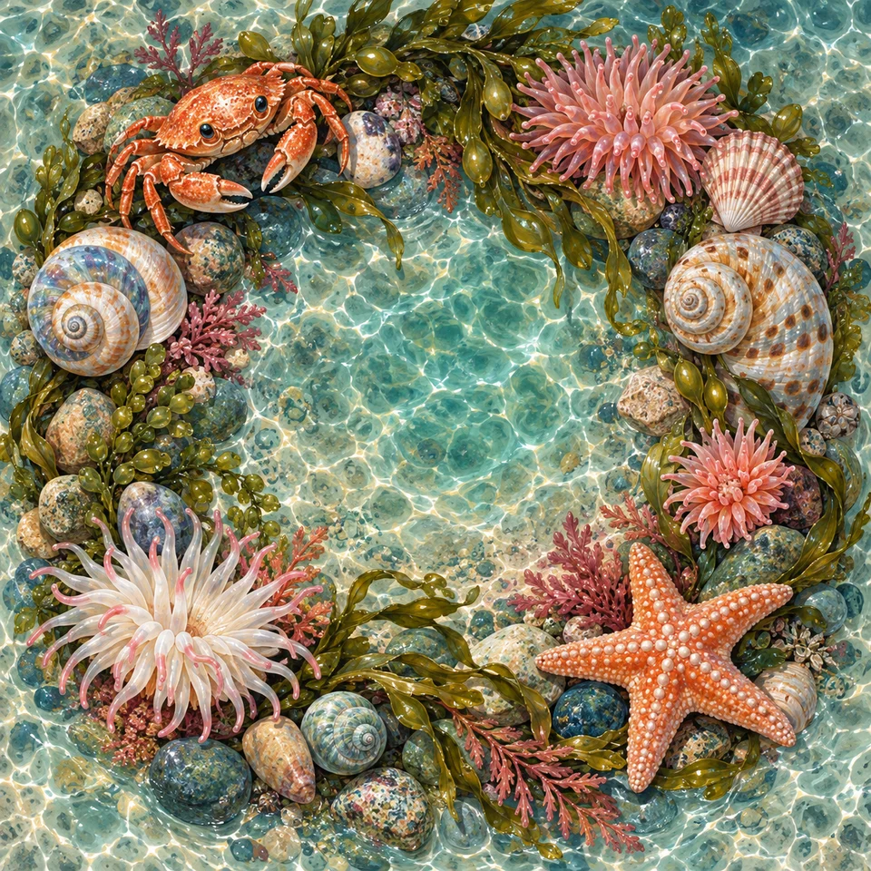 Crabs, shells and sea stars in a colourful coastal rockpool.