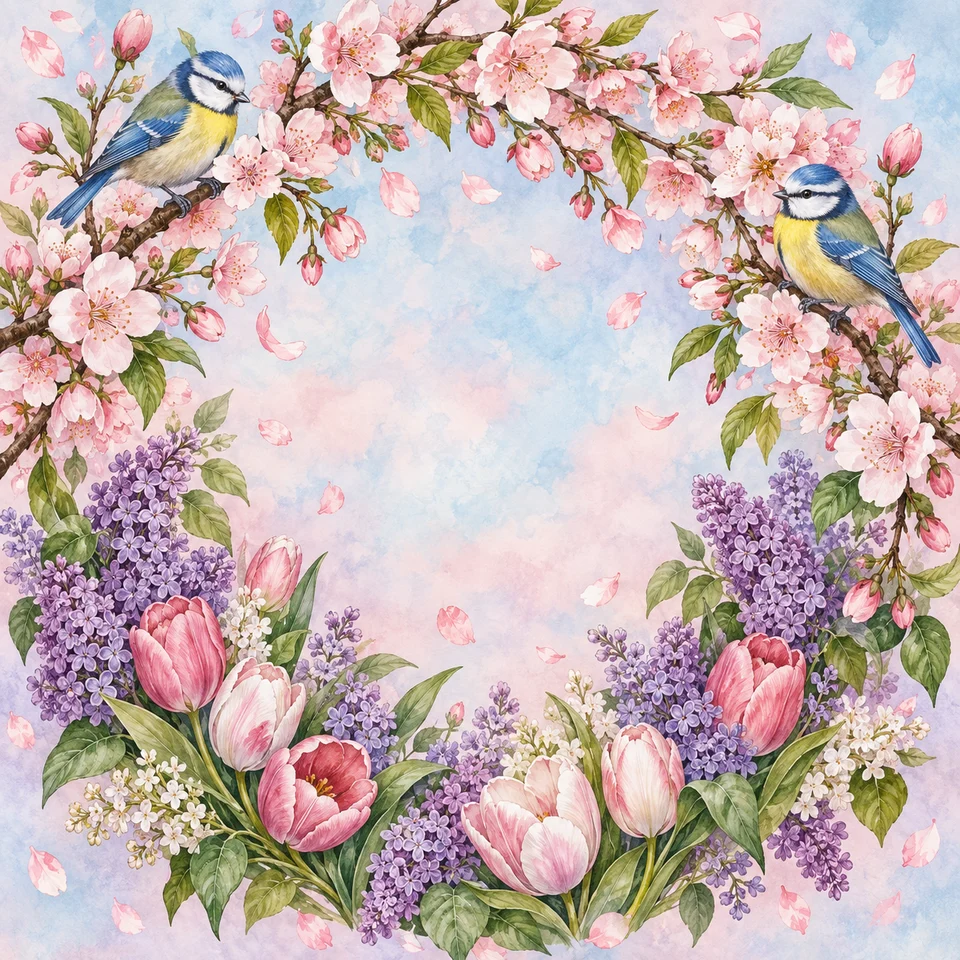 Spring birds and blossom branches in soft, joyful colours.