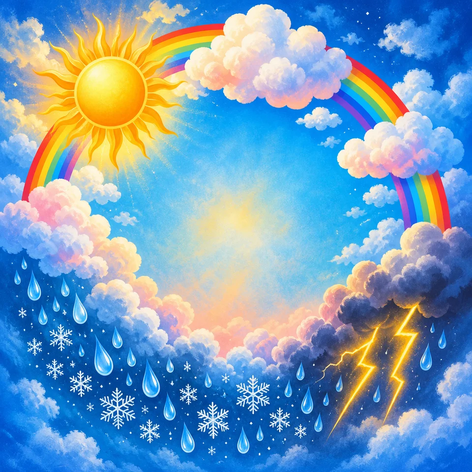 Clouds, rainbows and weather shapes in a bold colourful sky.