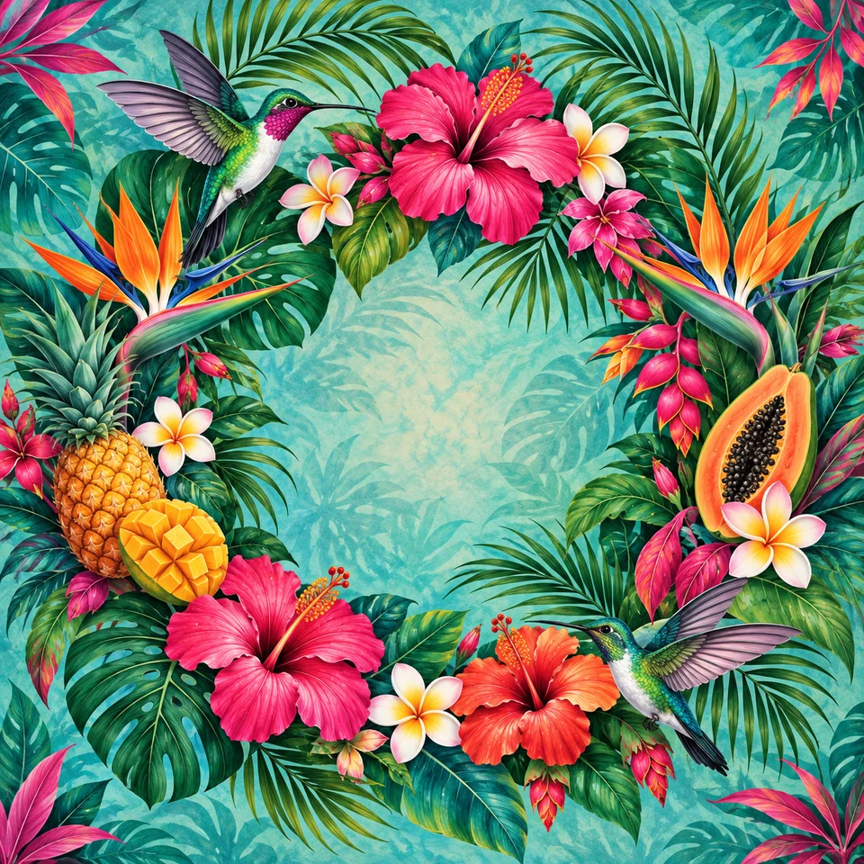 Palm fronds, hibiscus and tropical birds in island colours.