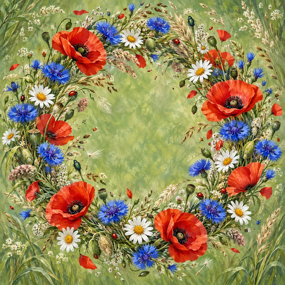 Poppies, daisies and meadow grasses bursting with colour.