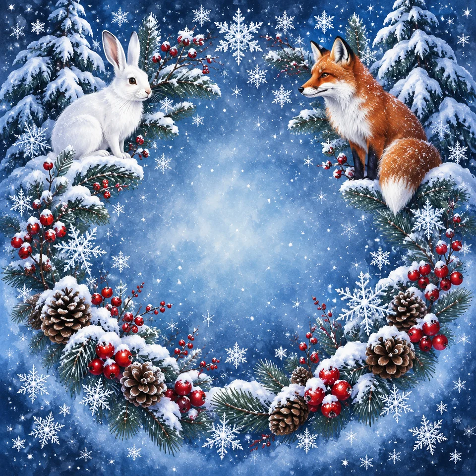 Snowy fir trees, winter animals and softly sparkling snow.