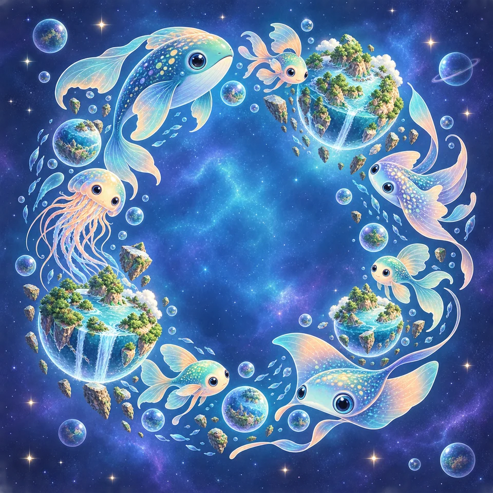 Curious sea creatures explore a blue alien world.
