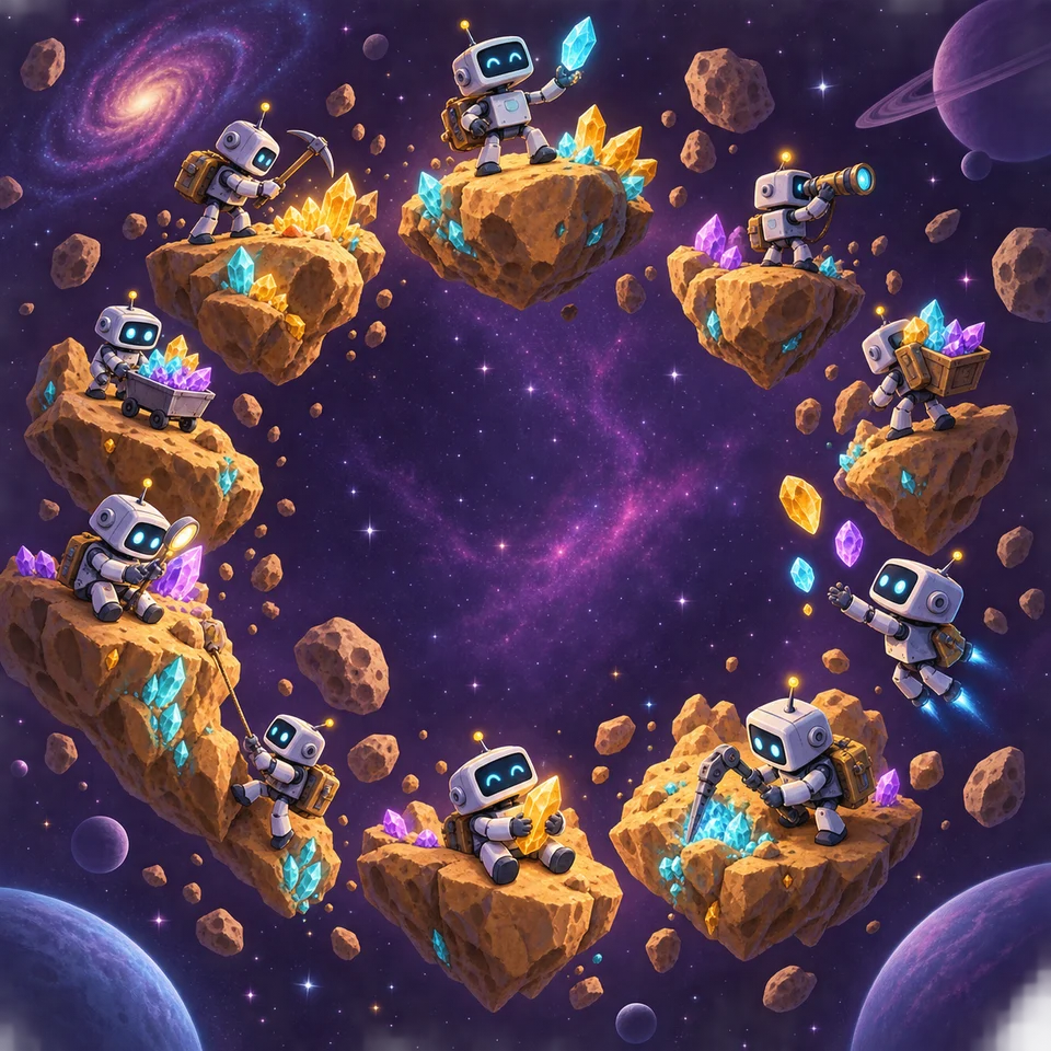 Friendly robots discover colourful asteroid crystals.