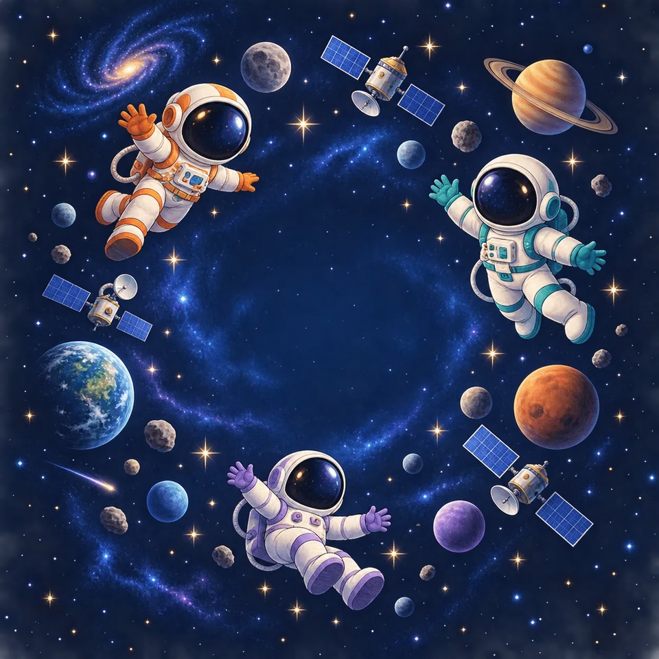 Astronauts drift among stars and colourful satellites.