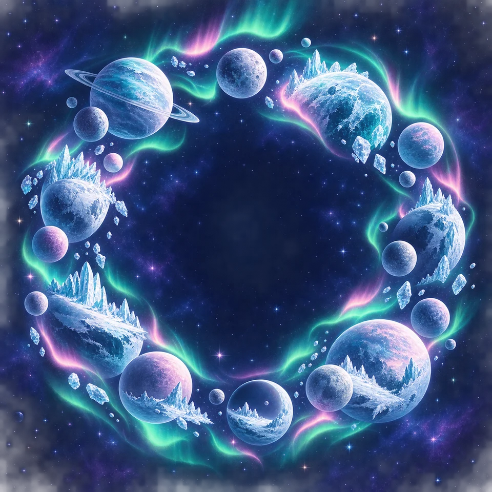 Small icy worlds glow beneath ribbons of aurora.