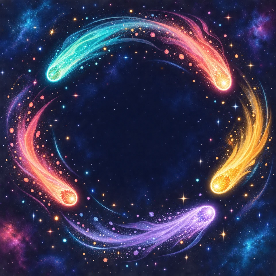 Bright comets leave a trail of playful colour.