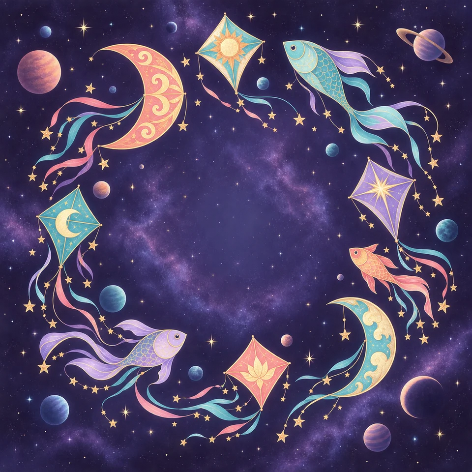 Celestial kites trail stars across twilight space.