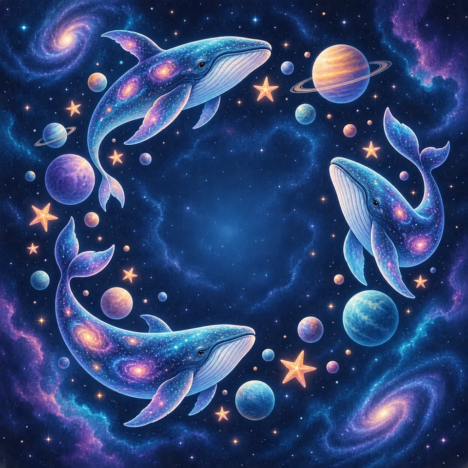 Gentle celestial whales swim through a starlit ocean.