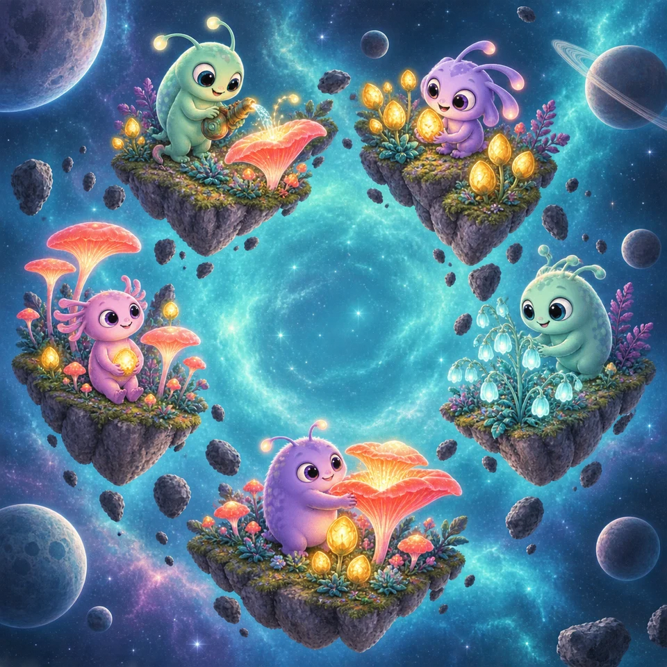 Friendly aliens tend a fantastical moon garden.