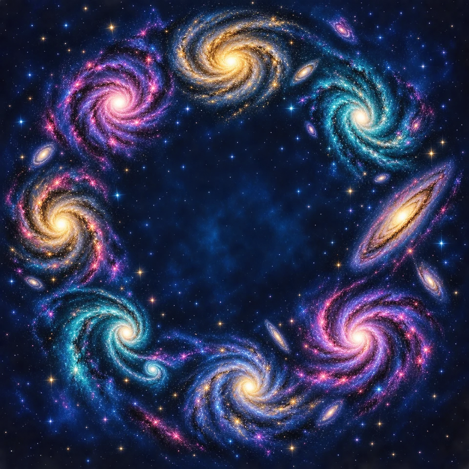 Spiral galaxies shimmer in a rich cosmic palette.