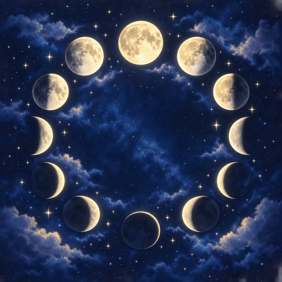 Silver moon phases sparkle against an indigo sky.