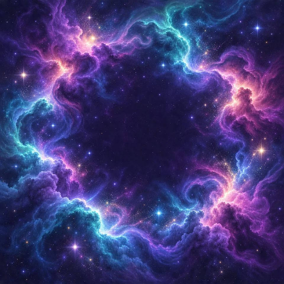 Luminous nebula clouds glow in violet, teal and rose.