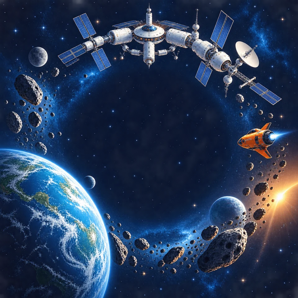 A futuristic station and service craft orbit a blue world.