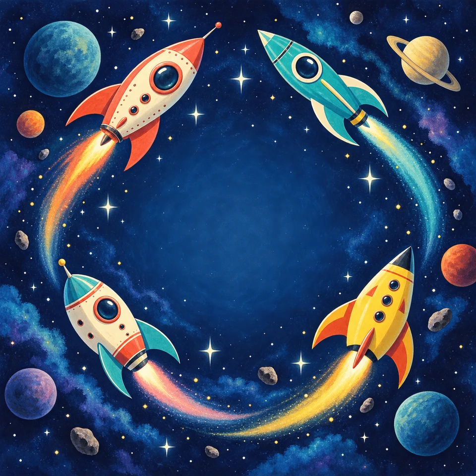 Playful rockets sweep through a jewel-blue star field.