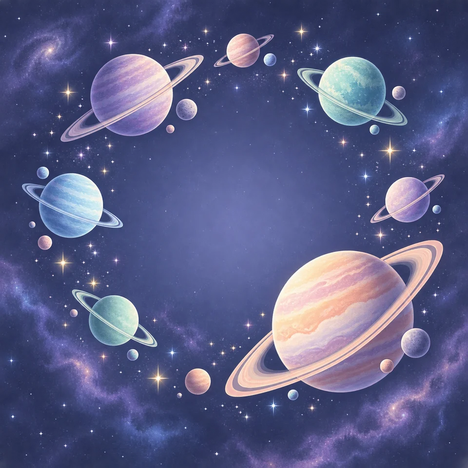 Ringed worlds float through a dreamy pastel cosmos.