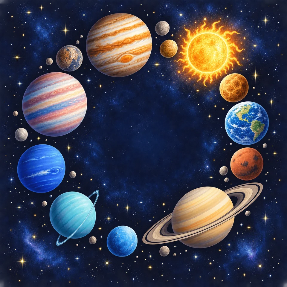 Colourful planets dance across midnight space.