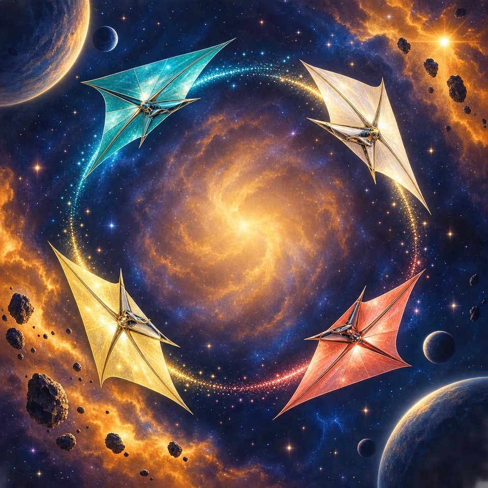 Solar-sail craft race through a golden cosmos.