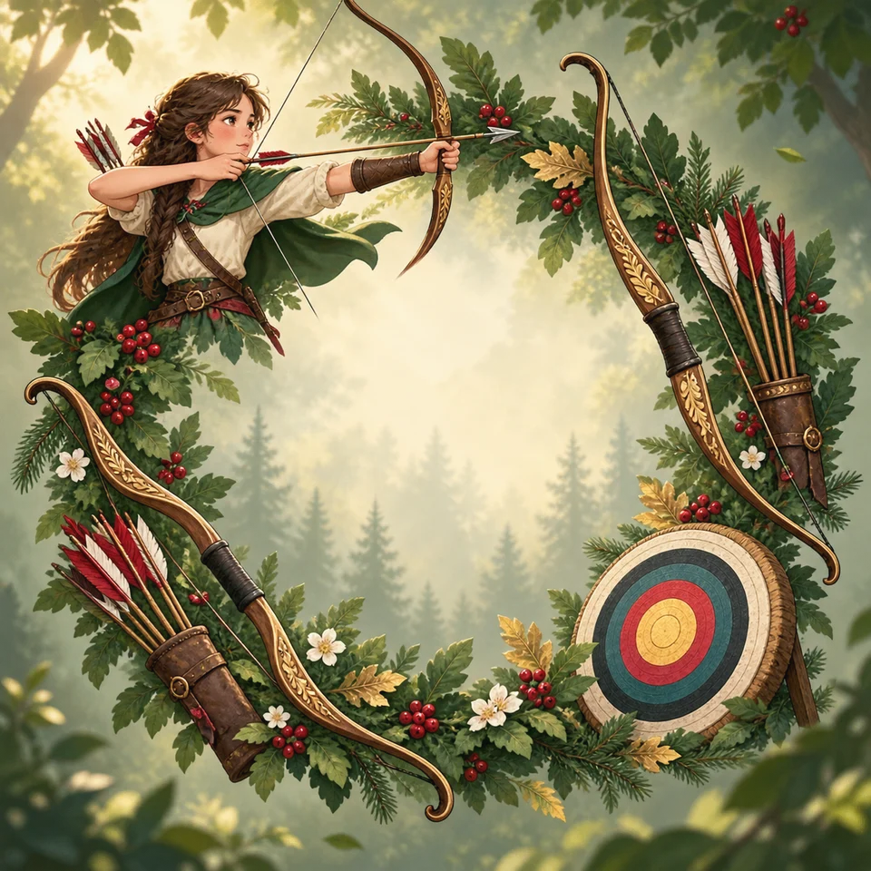 Bows, arrows and bright targets form a focused design.