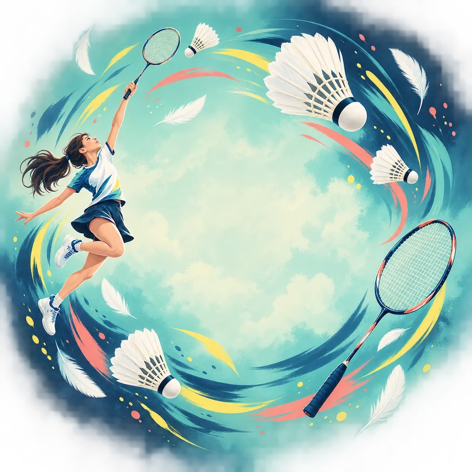 Feathered shuttlecocks and rackets dance through the air.
