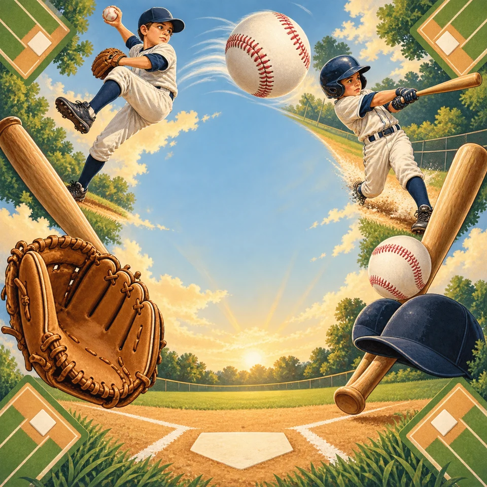 Bats, gloves and baseball action in sunny colours.