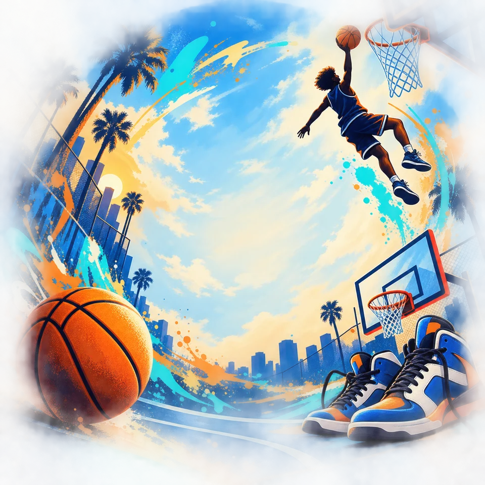 Basketballs and hoops leap across electric court colours.