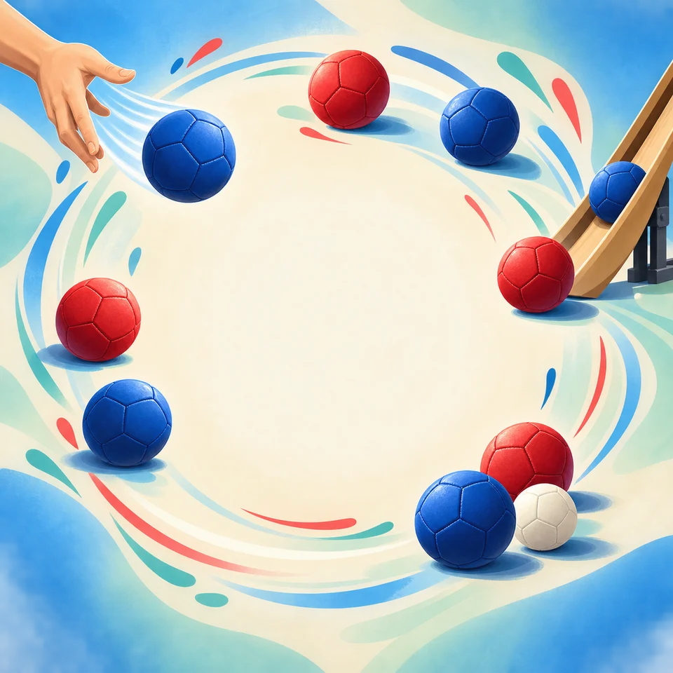 Boccia balls and a rolling ramp create playful movement.