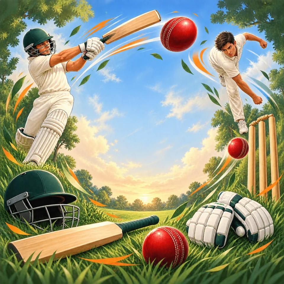 Cricket bats, wickets and lively player poses.