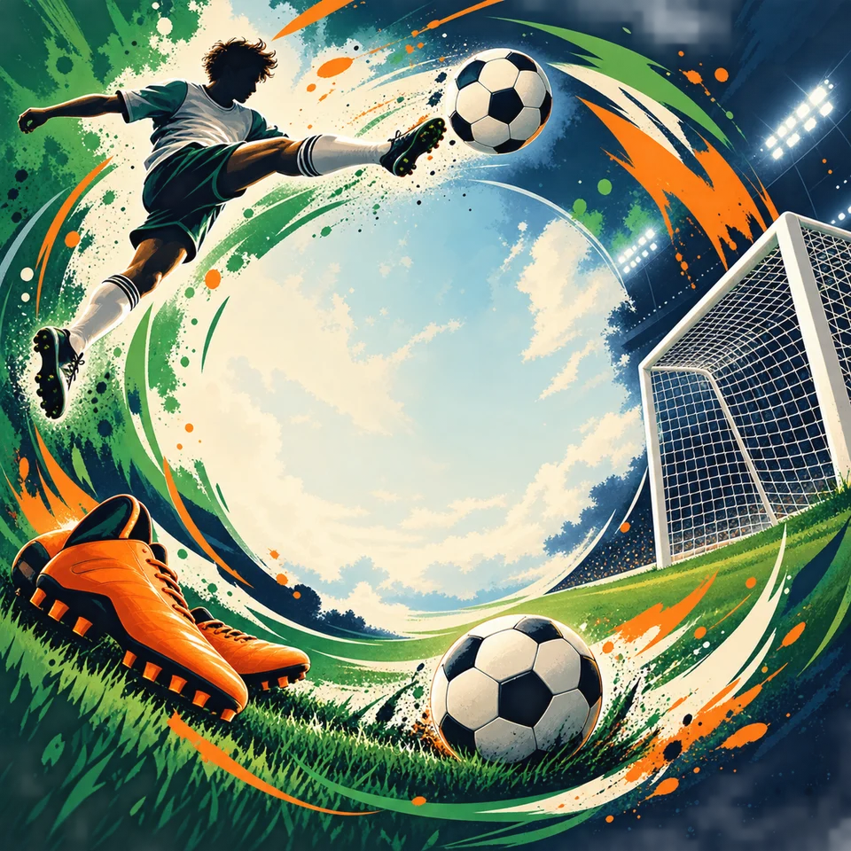 Football action with boots, goal nets and bold energy.