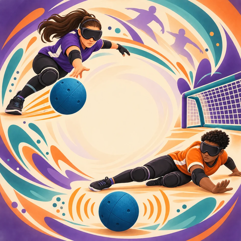 Goalball players and textured balls bring bold rhythm.