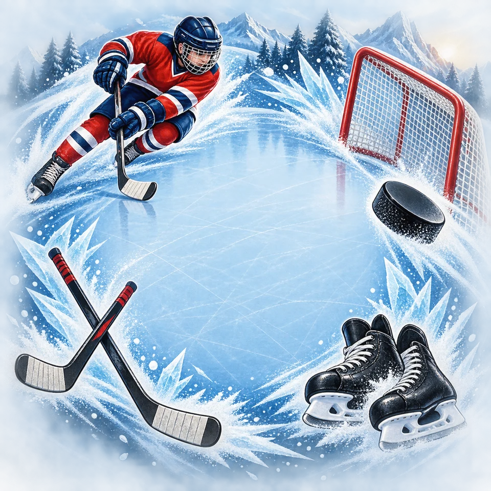 Ice hockey skates, sticks and pucks glide across icy blue.