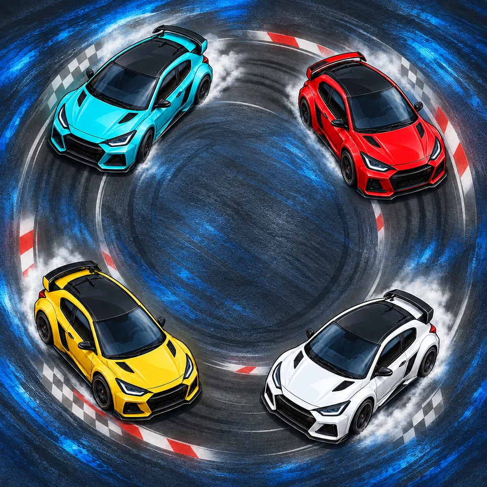 Colourful race cars sweep through bold curves.