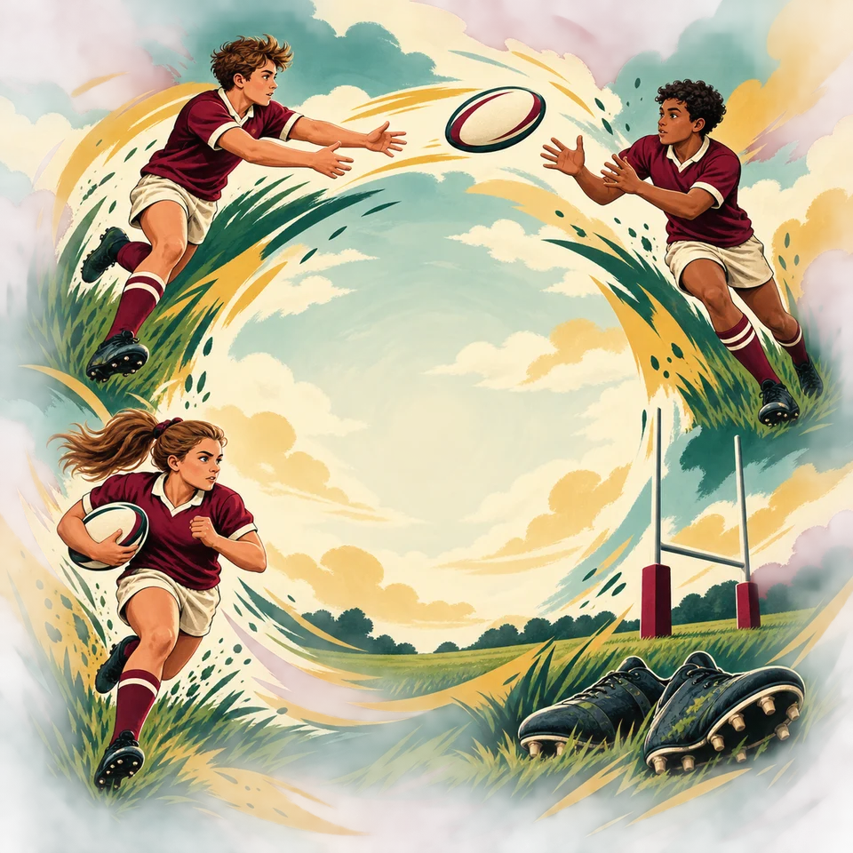 Rugby movement with boots, goalposts and oval balls.