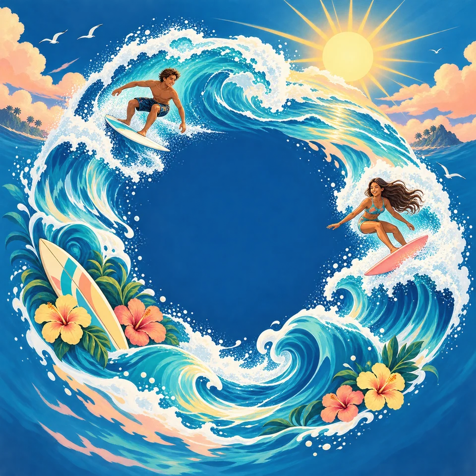 Surfers ride colourful waves around a calm blue centre.