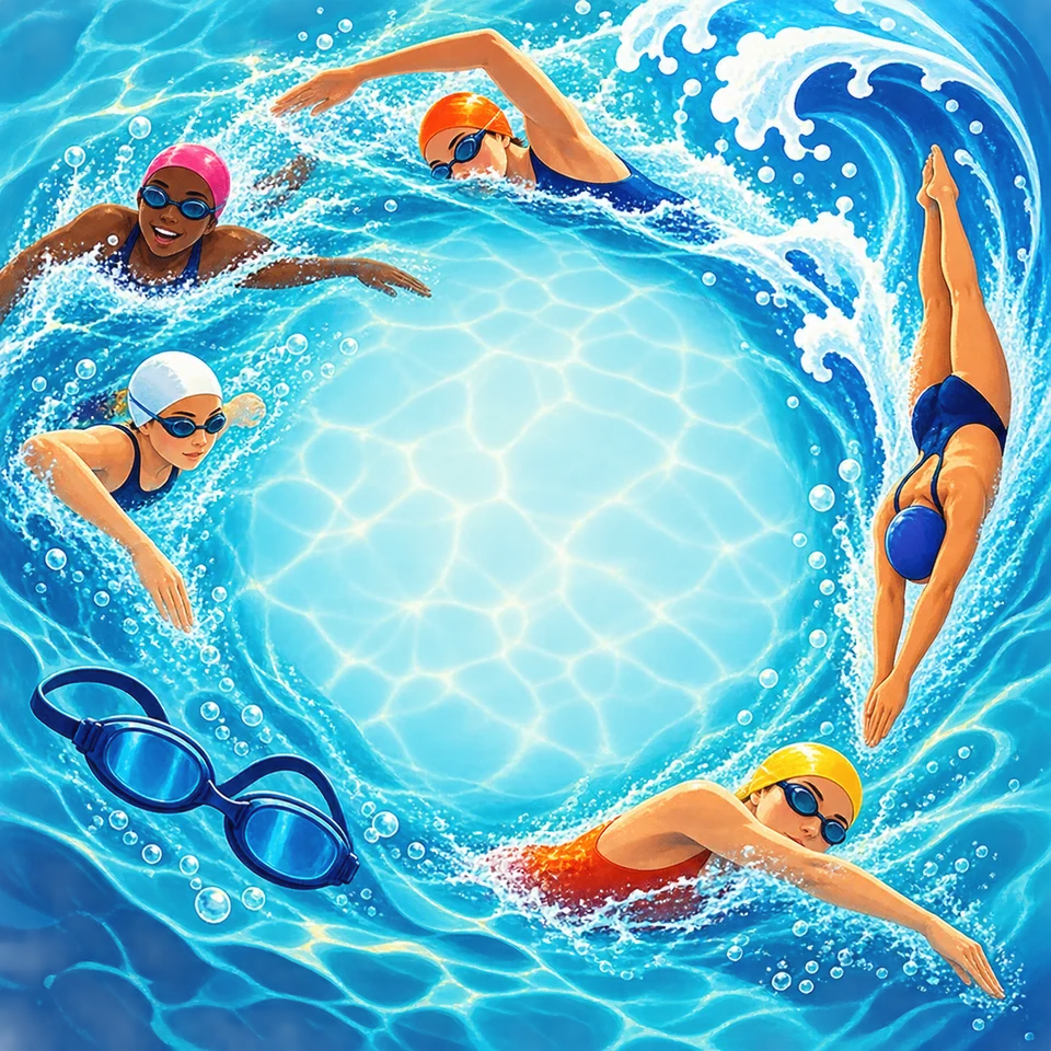 Swimmers, goggles and waves make a splash of colour.